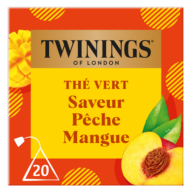 Thé vert pêche mangue TWININGS, boîte de 20 sachets 32g