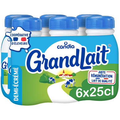 Lait demi-écrémé UHT CANDIA GRANDLAIT - Bouteille 6x25cl