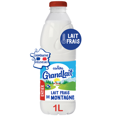 Lait frais de Montagne entier CANDIA GRANDLAIT - Bouteille 1L