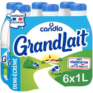 Lait demi-écrémé UHT CANDIA GRANDLAIT Bouteille 6x1L