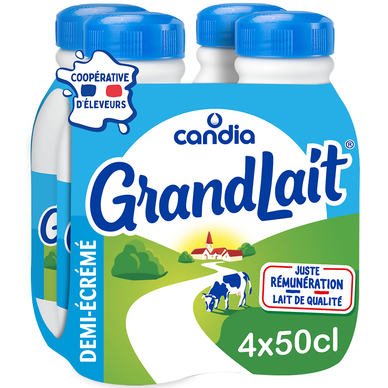 Lait demi-écrémé UHT CANDIA GRANDLAIT Bouteille 4x50cl