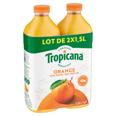 Jus d'orange pur jus sans pulpe TROPICANA, pet 2x1,5 litre