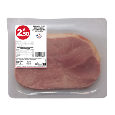 Jambon cuit supérieur avec couenne, VPF, 4 tranches
