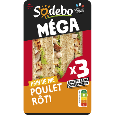 Sandwich Méga Club complet, poulet rôti et mayonnaise SODEBO, 230g
