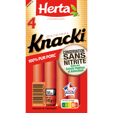 Saucisses Knacki Original Pur Porc Conservation Sans Nitrite HERTA x4-140g