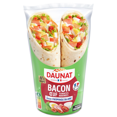 Sandwich wrap be wrappy bacon grillé, oeufs, tomates marinées et sauceyaourt DAUNAT, 190g
