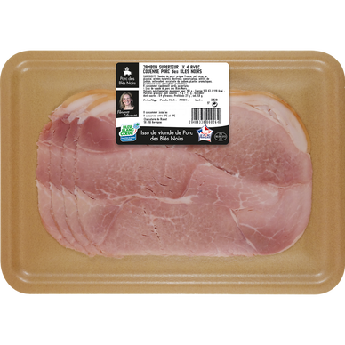 Jambon cuit supérieur avec couenne porc des blés noirs, bleu blanc coeur, VPF, 4 tranches