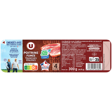 Poitrine de porc fumée - 4 tranches épaisses - 300g