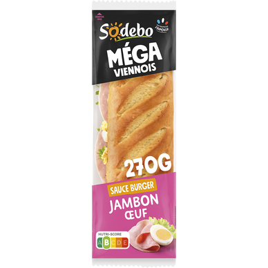 Sandwich le Méga baguette, jambon, salade, oeufs, tomates, sauceburgerSODEBO, 270g