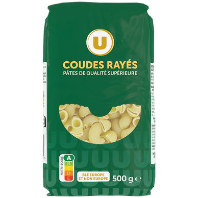 Pâtes Coudes rayés qualité supérieure, paquet cello de 500g