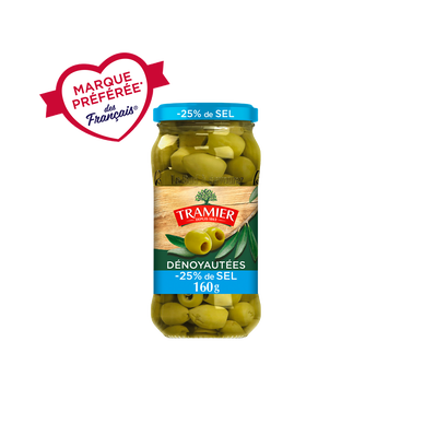 Olives Vertes Dénoyautées - 25% de sel TRAMIER - bocal 160g