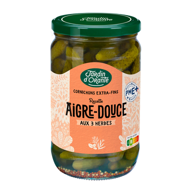 Cornichons doux aux 3 herbes LE JARDIN D'ORANTE, bocal de 72cl