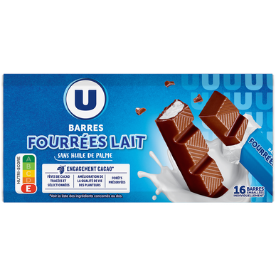 Barres chocolats fourrées lait  16 unités  -  200g