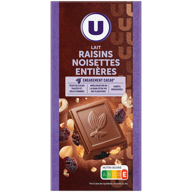 Chocolat au lait extra raisins et noisettes  Tablette de 200g