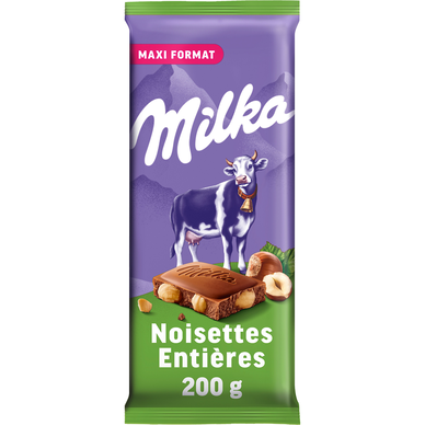 Chocolat au lait et aux noisettes entières MILKA - Tablette de 200g