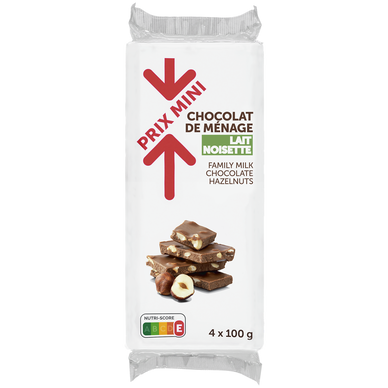 Chocolat au lait aux éclats de noisettes PRIX MINI, 4 Tablettes de 100g