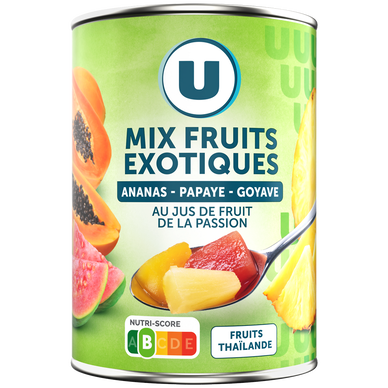 Mélanges de fruits tropicaux préservés au jus de fruits de la passionU, boîte 3/4, 340g