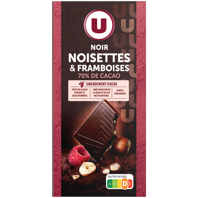 Chocolat noir aux éclats de noisettes et framboises, tablette 100g