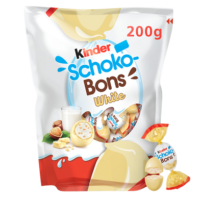 Bonbons chocolat supérieur au lait fourés lait et noisettes schokobonswhite KINDER 200g