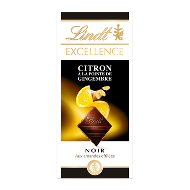 Chocolat noir amandes/citron/gingembre LINDT, Tablette de 100g