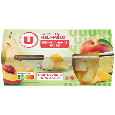 Coupelles Méli mélo de fruits à la pêche, poire et ananas  4x65g