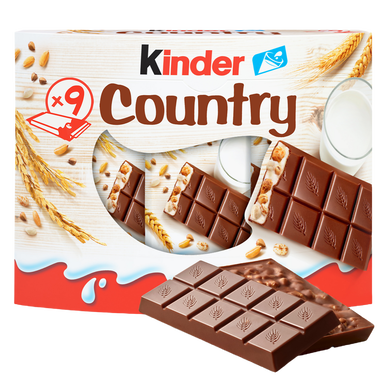 Barre céréalière enrobée de chocolat country KINDER, x9 soit 212g