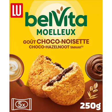 Biscuits moelleux coeur gourmand goût Chocolat noisette Belvita LU, paquet de 250g