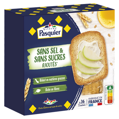 Biscottes sans sel & sans sucre ajoutés PASQUIER, 36 tranches, 300g