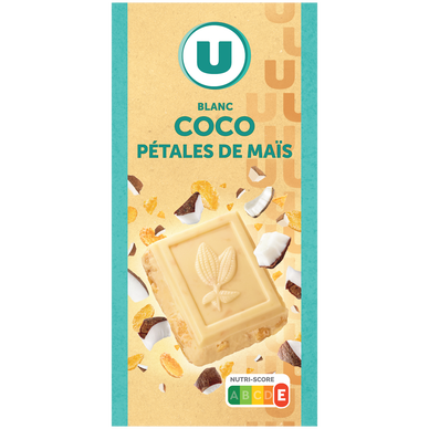 Chocolat blanc à la noix de coco et pétale de maïs  Tablette de 200g