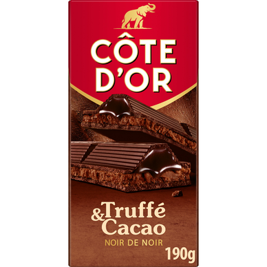 Chocolat noir épais praliné fourré truffé coeur coulant COTE D'OR, tablette 190g