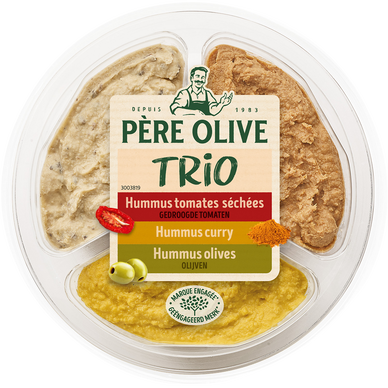 Trio houmous (curry, olive, tomate), PERE OLIVE, barquette, 210g