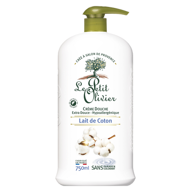 Crème douche extra au lait de coton LE PETIT OLIVIER, flacon de 750ml