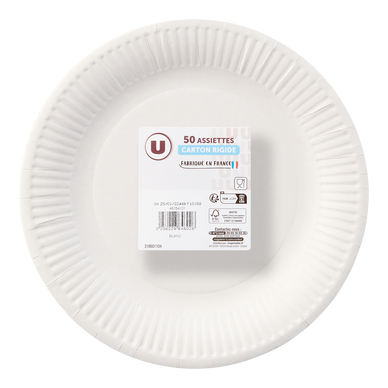 Assiette en carton FSC diamètre 23cm blanc x50