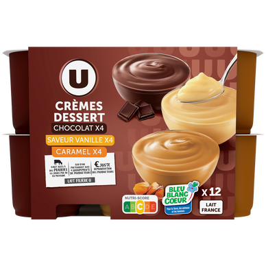 Crème dessert, pack panaché chocolat, vanille, caramel - 12x125g