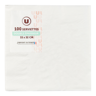 Serviette 2 plis en papier 33x32cm blanc x100