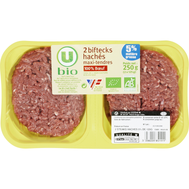Steak haché bio maxi tendre, 5% MG,  France, VBF, 2 pièces - 250g