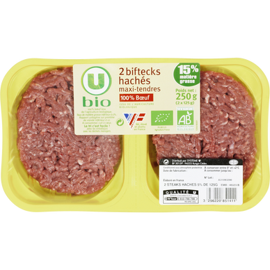 Steak haché bio maxi tendre pur boeuf, 15% MG,  France, 2 pièces - 250g