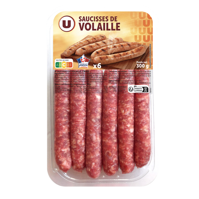 Saucisse de volaille nature, 6 pièces, 300g