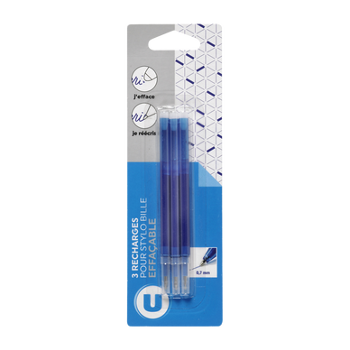 Recharge stylo bille gel effaçable bleu x3