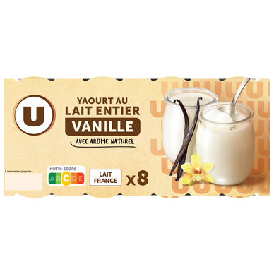 Yaourt au lait entier à la vanille pot en verre 8x125g