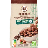 Céréales fourrées chocolat noisettes bio U SANS GLUTEN, sachet de 375g