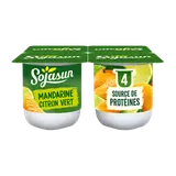 Spécialité au soja fermentée sucrée à la pulpe de fruits enrichie en calcium saveur mandarine et citron vert SOJASUN, 4x100g