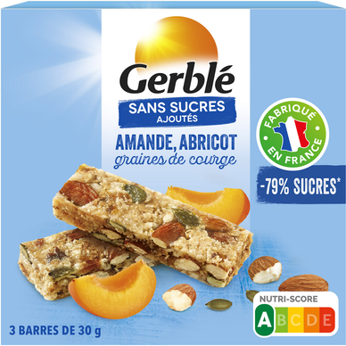 Barre amande abricot graines de courge sans sucres ajoutés GERBLE, 3x30g 90g