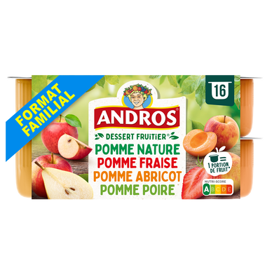 Compotes fruits panachés (pomme, pommes et poires, pommes et fraise, pommes et abricots) ANDROS x16 1,6kg