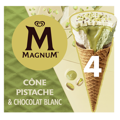 Glace cône pistache et chocolat blanc MAGNUM x4 260g