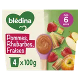 BLEDINA - Dessert bébé Pommes rhubarbes fraises, dès 8 mois - 4x100g