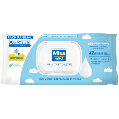 Lingettes bébé au lait peaux sensibles hypoallergénique MIXA- x80