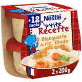 NESTLE P'TITE RECETTE - Plat bébé du midi Blanquette de riz, dinde, dès 12 mois - 2x200g - Repas bébé
