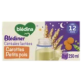 BLEDINA BLEDINER - Lait et céréales bébé soir aux carottes petits pois, dès 12 mois - 2x250ml