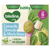 BLEDINA BLEDICHEF - Plat bébé du midi Épinards semoule merlu blanc, de6 à 12 mois - 2x200g - Petits pots bébé